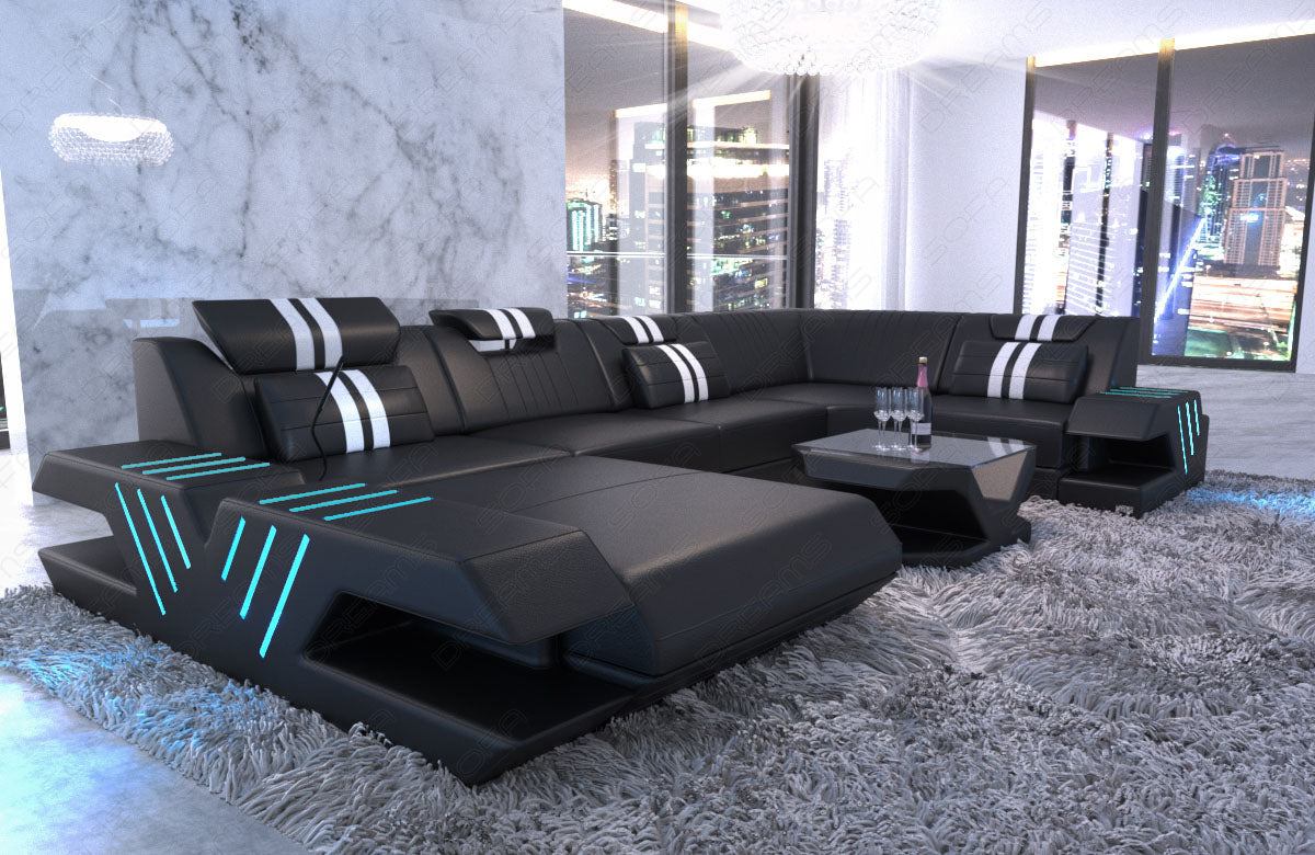 Sectional Venezia Leather Sofa With Led