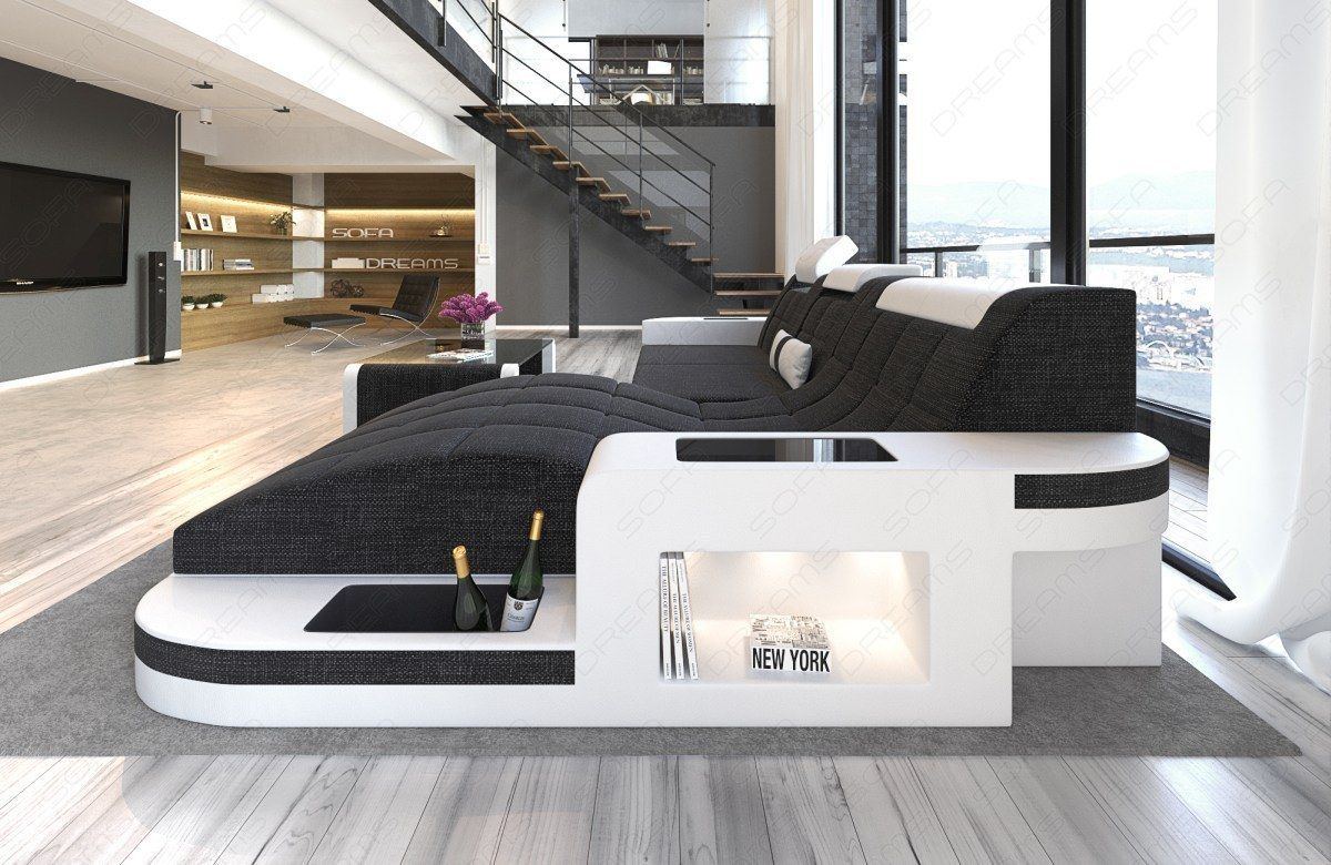 Fabric Sofa Konstantin L Shape Mini Corner Sofa With Ottoman And Led