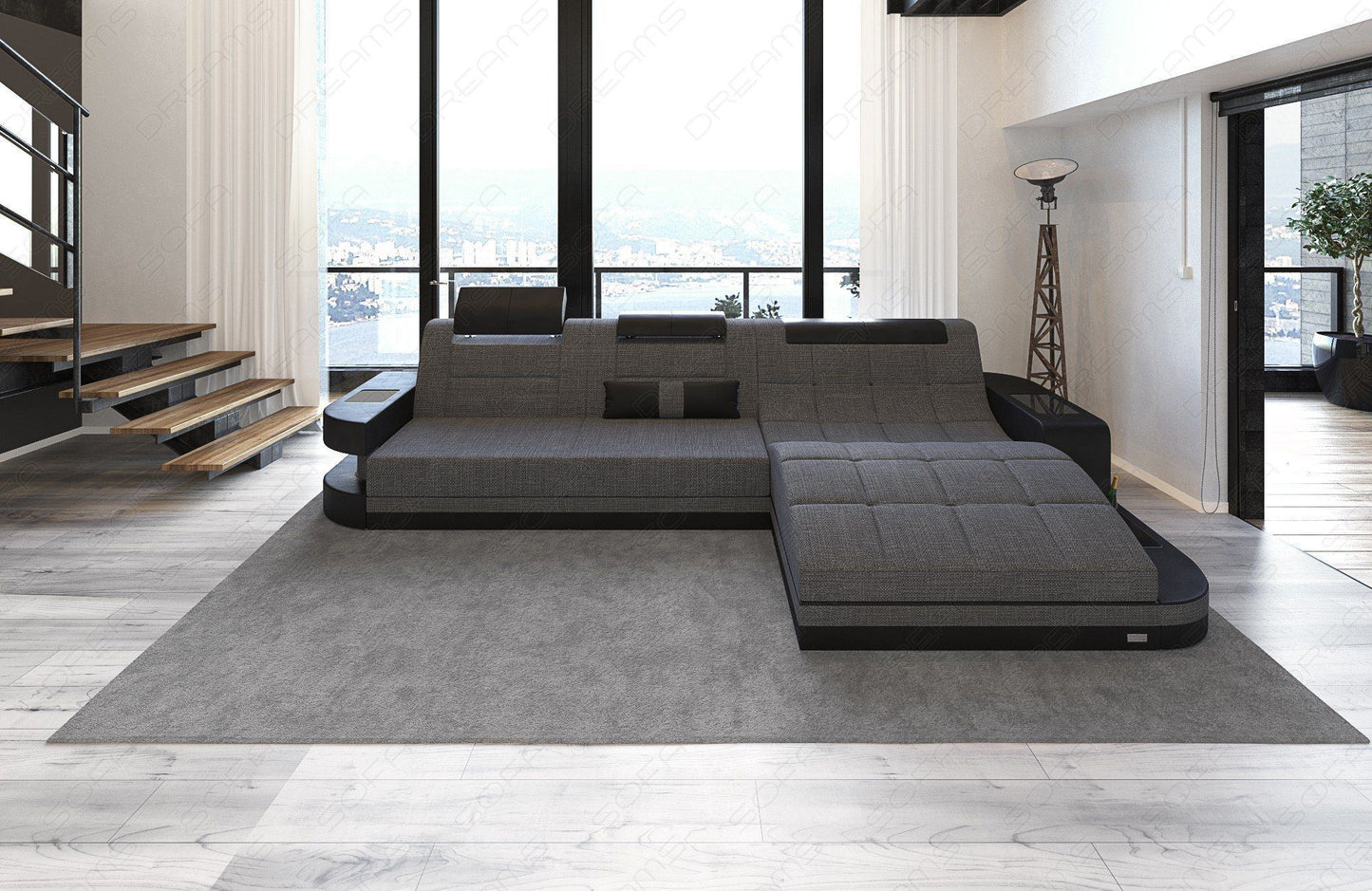 Fabric Sofa Konstantin L Shape Mini Corner Sofa With Ottoman And Led