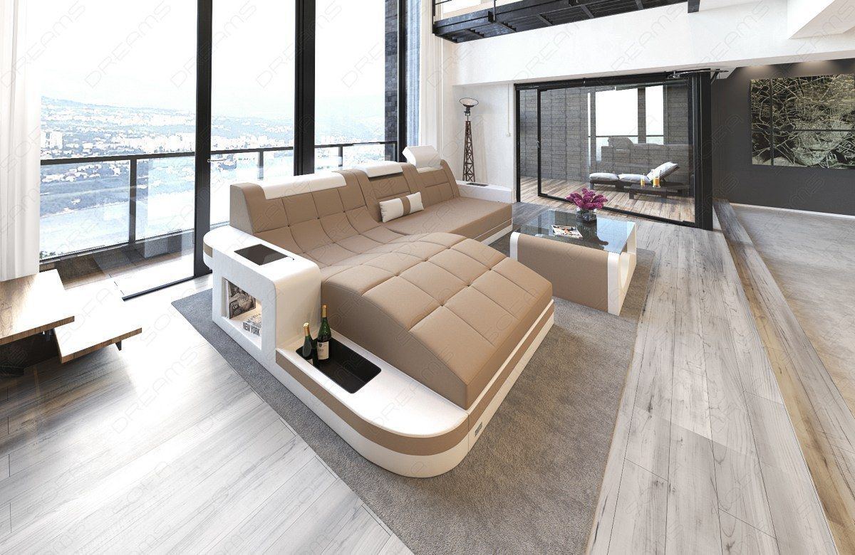 Fabric Sofa Konstantin L Shape Mini Corner Sofa With Ottoman And Led