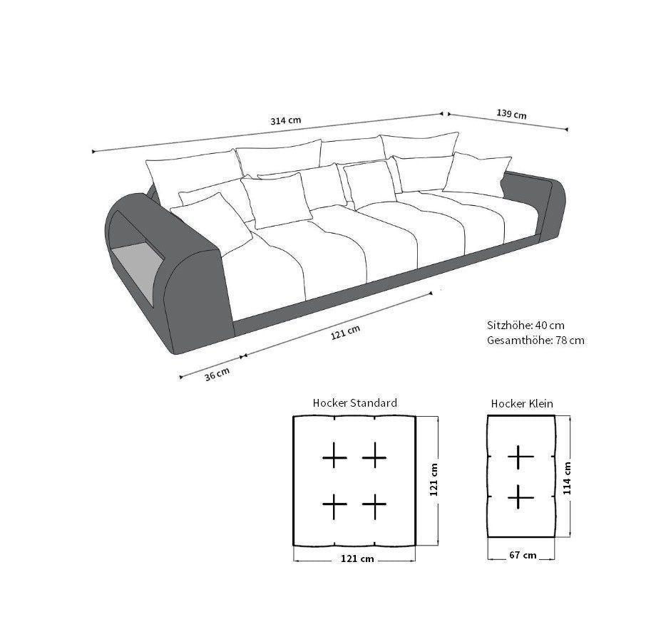 Die MaÃŸe vom Bigsofa Miami - Hocker 121 x 121cm (optional 114 x 67cm)