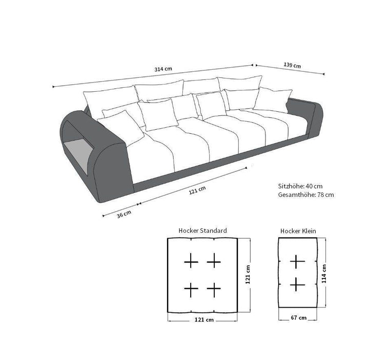 Die MaÃŸe vom Bigsofa Miami - Hocker 121 x 121cm (optional 114 x 67cm)