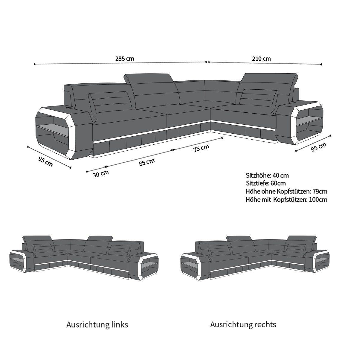 Verona L-shaped leather couch with LED – style & comfort