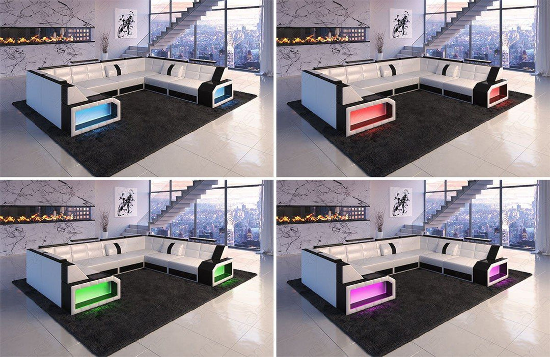 Die modene Ledercouch Pesaro mit einer LED Beleuchtung (RGB) mit Touch Wheel Fernbedienung