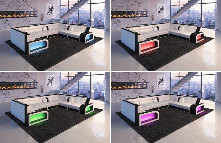 Die modene Ledercouch Pesaro mit einer LED Beleuchtung (RGB) mit Touch Wheel Fernbedienung