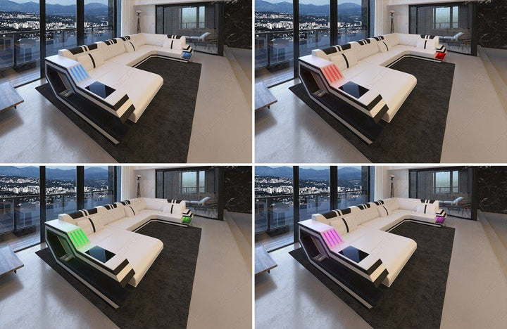 Die Sofa Wohnlandschaft Ravenna XXL hat eine LED Beleuchtung mit Farbwechsel inkl. Touch Wheel Fernbedienung