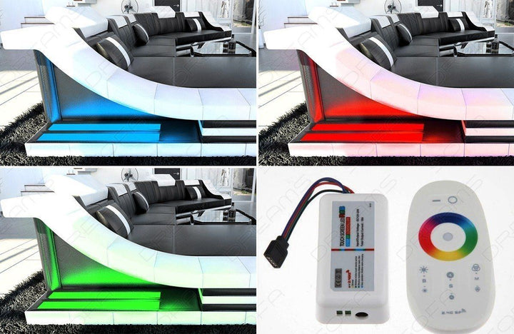 Das Sofa Turino CL hat eine LED Beleuchtung (Farbwechsel) mit Touch Wheel Fernbedienung
