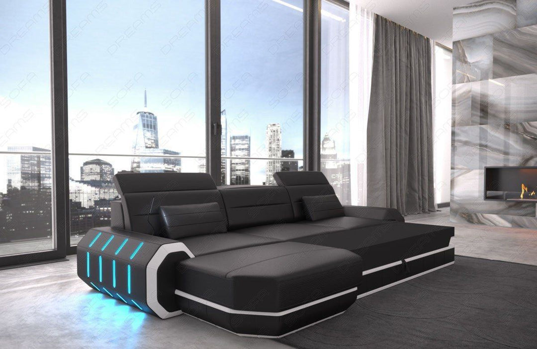 Designer Ledersofa Roma L-Form mit Schlaffunktion und USB - schwarz-weiss