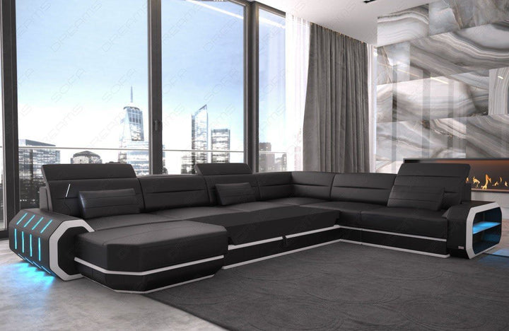 Design Wohnlandschaft Roma XXL mit LED Beleuchtung - schwarz-weiss