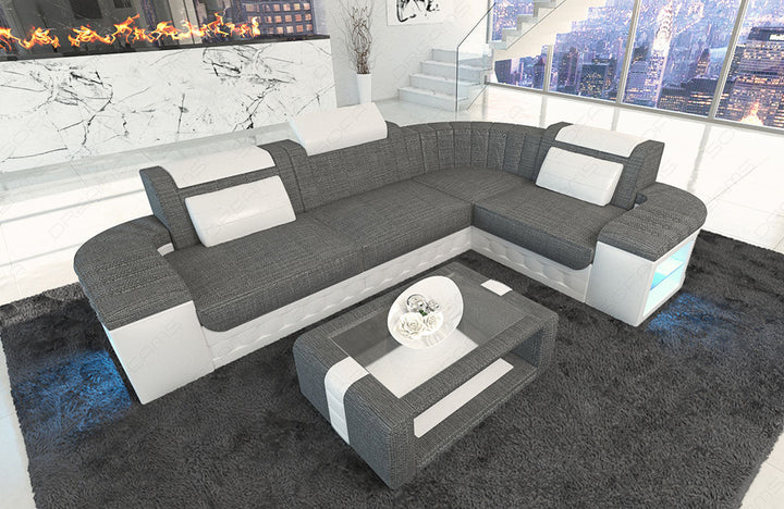 Stoffsofa Bergamo L Form mit LED-Beleuchtung in grau - Hugo5 Strukturstoff