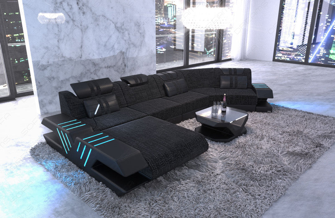 Design Stoff Wohnlandschaft Venedig C Form in schwarz-grau - Hugo12 Strukturstoff