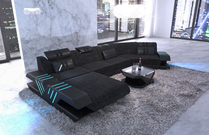Design Stoff Wohnlandschaft Venedig C Form in schwarz-grau - Hugo12 Strukturstoff