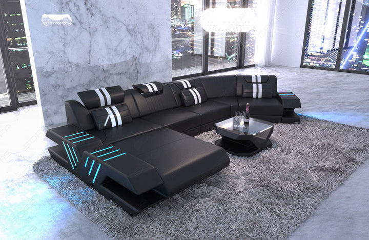 Designer Sofa Venedig C Form mit Recamiere und LED Beleuchtung in schwarz - weiss