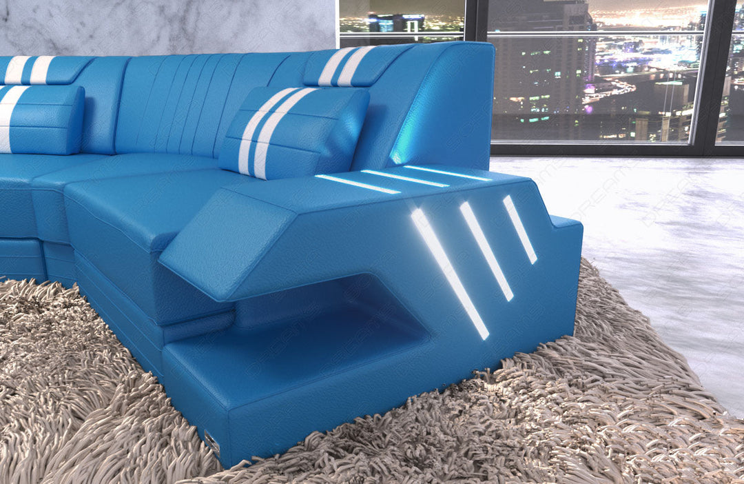 Designer Sofa Venedig C Form mit Recamiere und LED Beleuchtung in blau - weiss