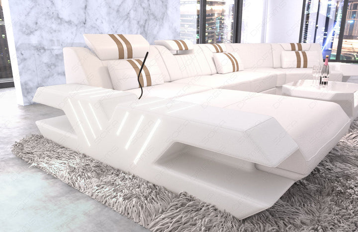 Ledercouch Couch Venedig C Form mit Ottomane und LED Beleuchtung - weiss - sandbeige