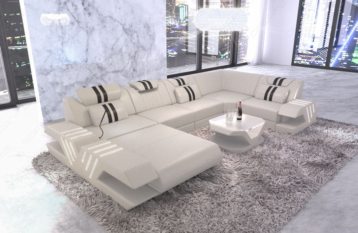 Ledercouch Couch Venedig U Form mit Ottomane und LED Beleuchtung - beige - schwarz