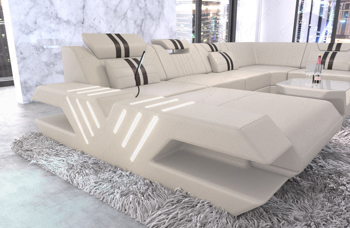 Ledercouch Couch Venedig U Form mit Ottomane und LED Beleuchtung - beige - schwarz