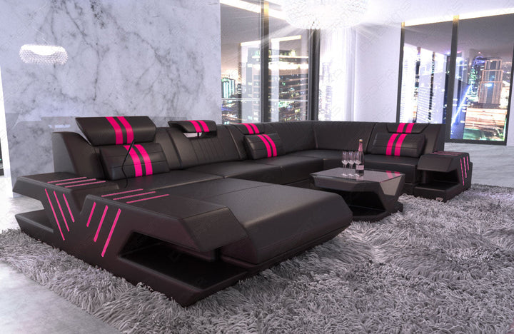 Designer Sofa Venedig U Form mit Recamiere und LED Beleuchtung in schwarz - pink