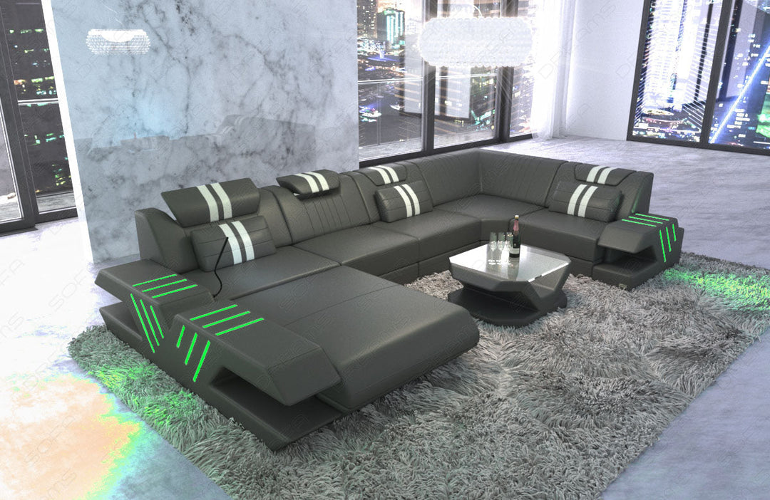 Leder Wohnlandschaft Venedig U Form mit LED Beleuchtung in grau - weiss