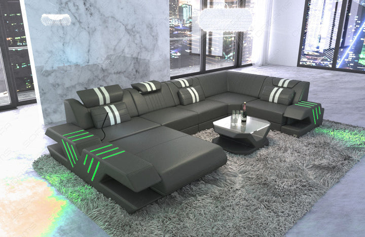 Leder Wohnlandschaft Venedig U Form mit LED Beleuchtung in grau - weiss