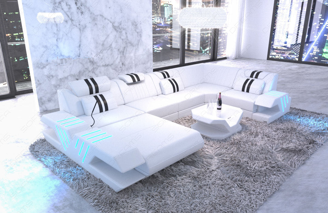 Ledersofa Couch Venedig U Form mit Ottomane und LED Beleuchtung in weiss - schwarz