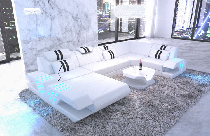 Ledersofa Couch Venedig U Form mit Ottomane und LED Beleuchtung in weiss - schwarz