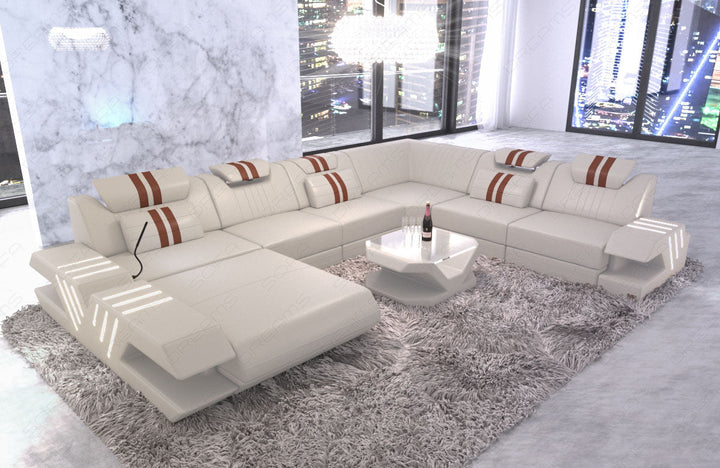 Ledersofa Wohnlandschaft Venedig XXL mit Ottomane Leder beige - braun
