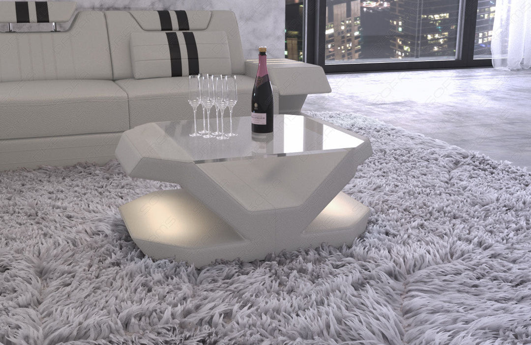Leder Couchtisch Venedig mit LED Beleuchtung und Glasplatte  - beige