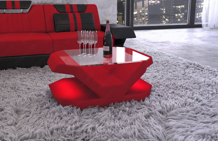 Couchtisch Venedig mit optionaler LED-Beleuchtung in rot - Mineva20 Mikrofaser Stoff