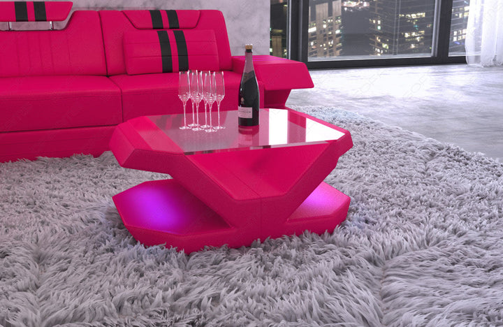 Wohnzimmertisch Venedig mit LED Beleuchtung und Glasplatte  - pink
