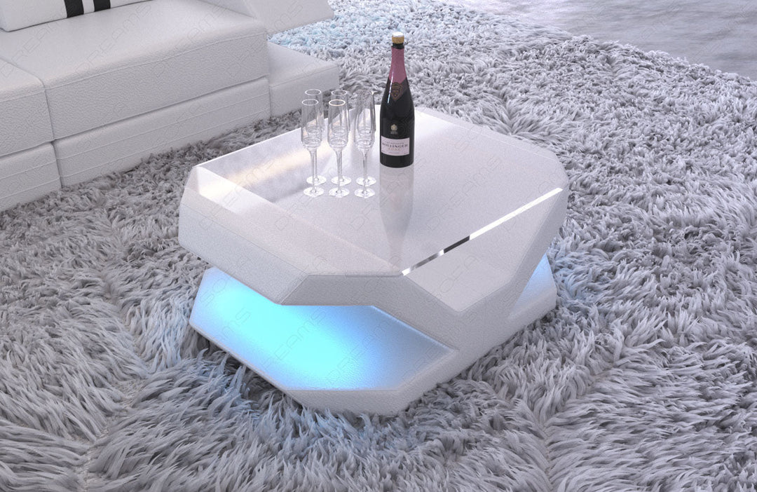 Luxus Couchtisch Venedig Lederbezug und Beleuchtung - weiss