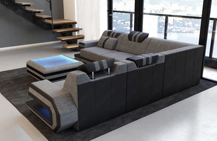 Polster Eckcouch Ragusa L Form mit LED-Beleuchtung in grau - Hugo5 Strukturstoff