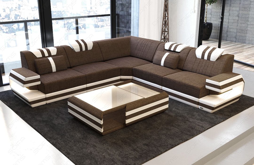 Stoffsofa Ragusa L Form mit LED-Beleuchtung in braun - Hugo8 Strukturstoff