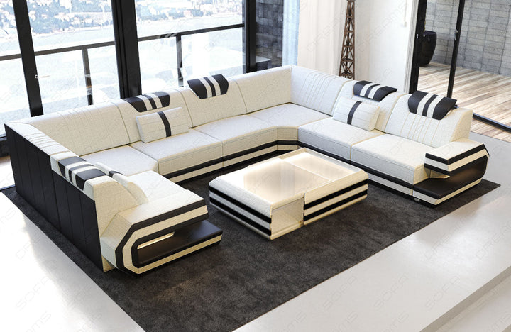 Design Stoffsofa Ragusa U Form mit LED-Beleuchtung in elfenbein - Hugo1 Strukturstoff