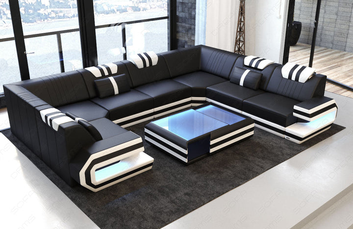 Leder Couch modern Ragusa U Form Ecksofa mit Beleuchtung in schwarz-weiss