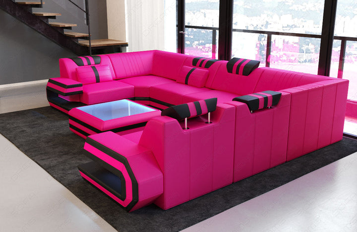 Leder Wohnlandschaft Ragusa Ecksofa mit Beleuchtung in pink-schwarz