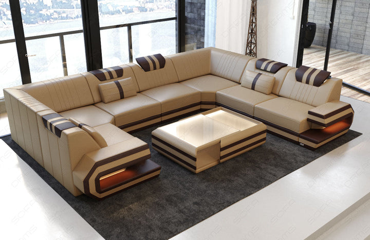 Luxus Wohnlandschaft Ragusa U Form Leder Eckcouch mit LED in sandbeige-dunkelbraun