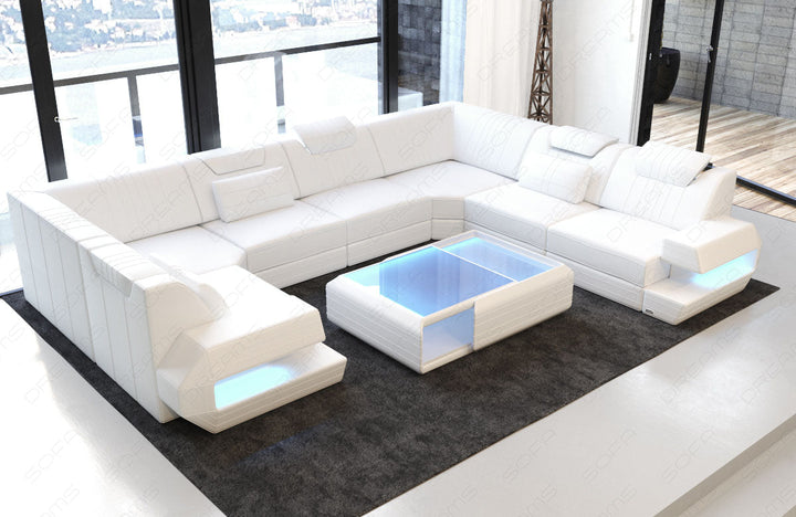 Ledersofa modern Ragusa U Form Ecksofa mit Beleuchtung in weiss