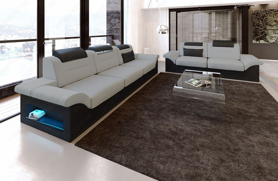 Stoff Couchgarnitur Monza in hellgrau - Mineva12 - Die LED Beleuchtung, USB Anschluss und Relaxfunktion sind optional erhÃ¤ltlich.