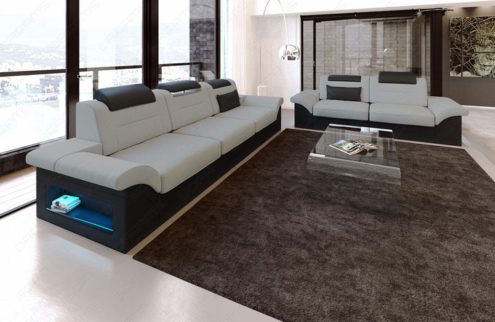 Stoff Couchgarnitur Monza in hellgrau - Mineva12 - Die LED Beleuchtung, USB Anschluss und Relaxfunktion sind optional erhÃ¤ltlich.