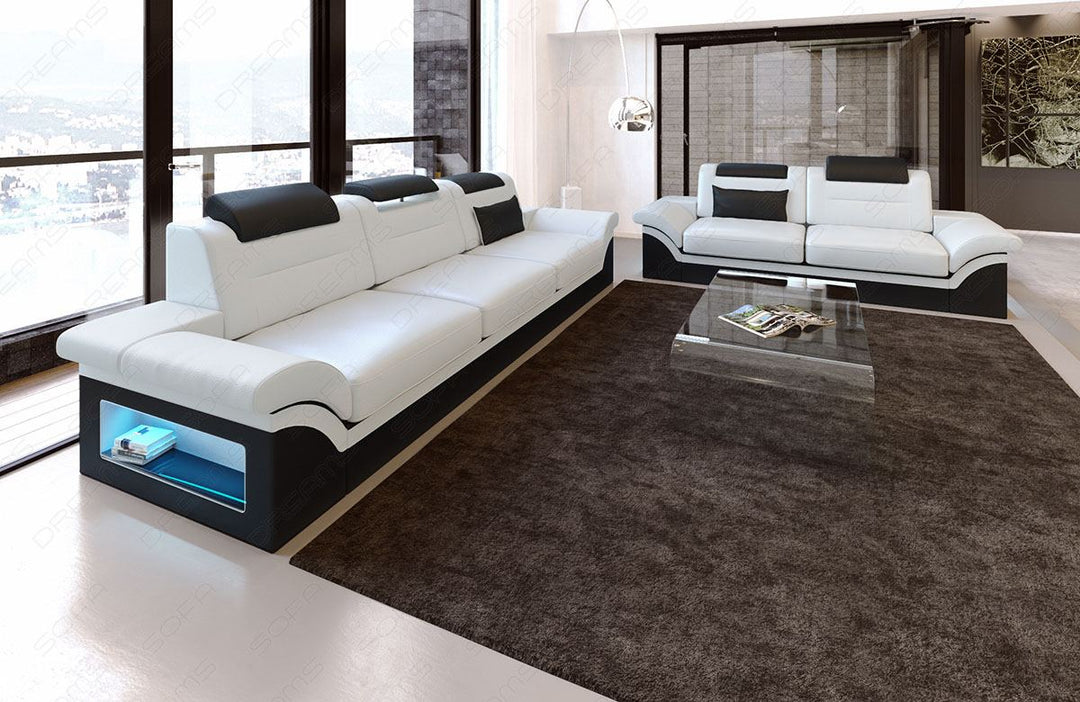Leder Sofagarnitur Monza 3er und 2er in weiÃŸ-schwarz - Die LED Beleuchtung, USB Anschluss und Relaxfunktion sind optional erhÃ¤ltlich.