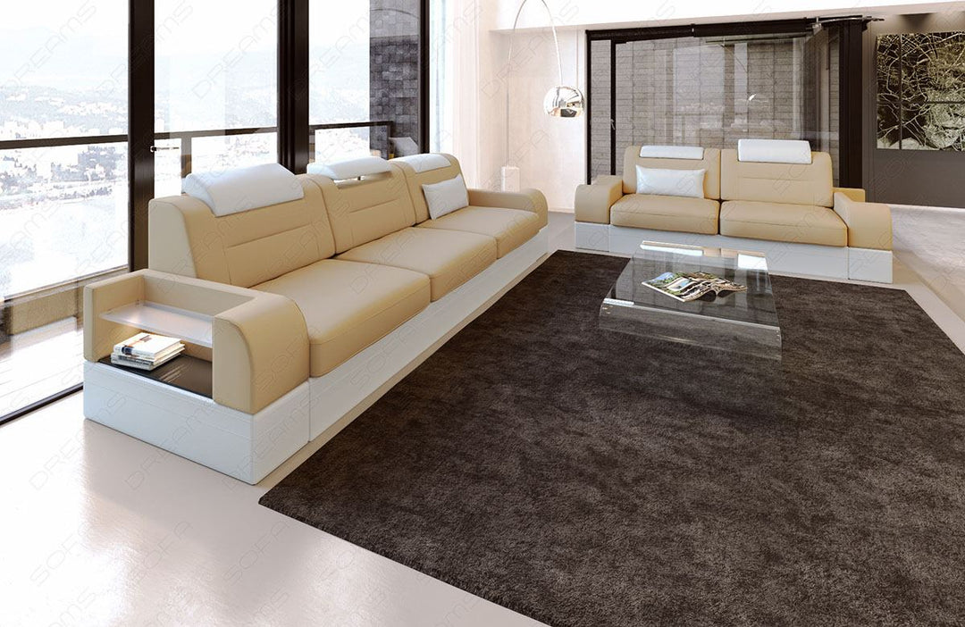 Stoff Couchgarnitur Parma mit Mikrofaser Stoffbezug in beige - Mineva4- Die LED Beleuchtung, USB Anschluss und Relaxfunktion sind optional erhÃ¤ltlich.
