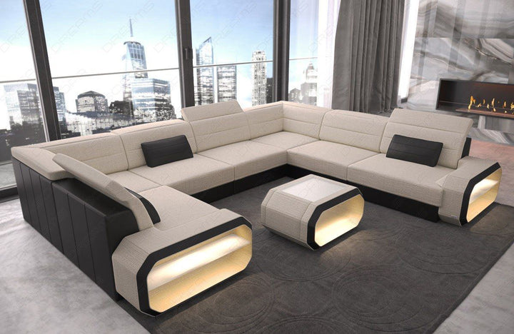 U Form Sofa Verona Mini mit LED und Stoffbezug in elfenbein - Hugo1 Strukturstoff
