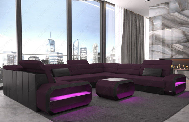 U Form Sofa Verona Mini mit LED und Stoffbezug in lila - Mineva13 Mikrofaser Stoff