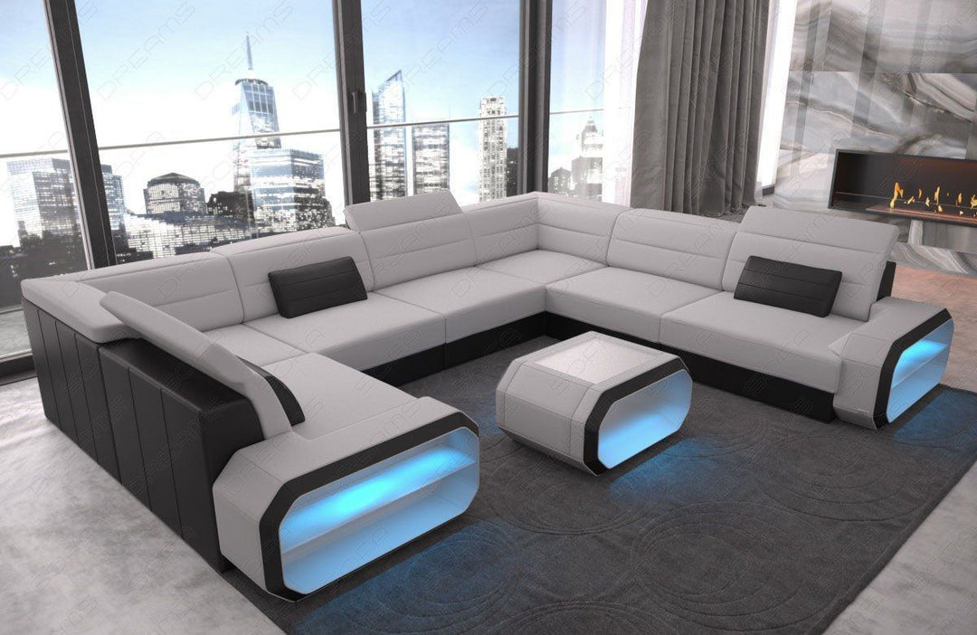 U Form Sofa Verona Mini mit LED und Stoffbezug in hellgrau - Mineva12 Mikrofaser Stoff