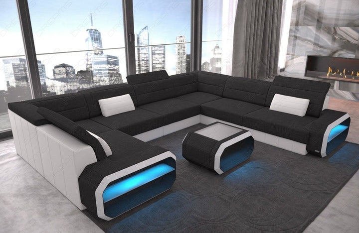 U Form Sofa Verona Mini mit LED und Stoffbezug in schwarz - Hugo14 Strukturstoff