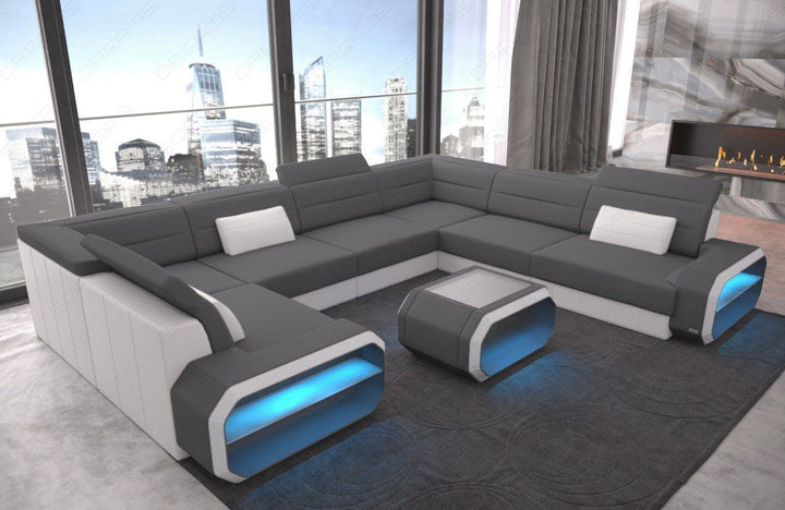 U Form Sofa Verona Mini mit LED und Stoffbezug in grau - Mineva15 Mikrofaser Stoff