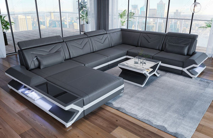 XXL Sofa Napoli in Echtleder in grau-weiss