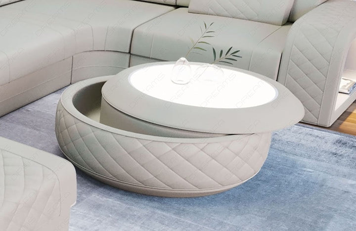 Design Couchtisch Berlin in Leder mit Stauraum in beige