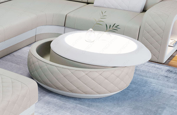 Design Couchtisch Berlin in Leder mit Stauraum in beige - weiss